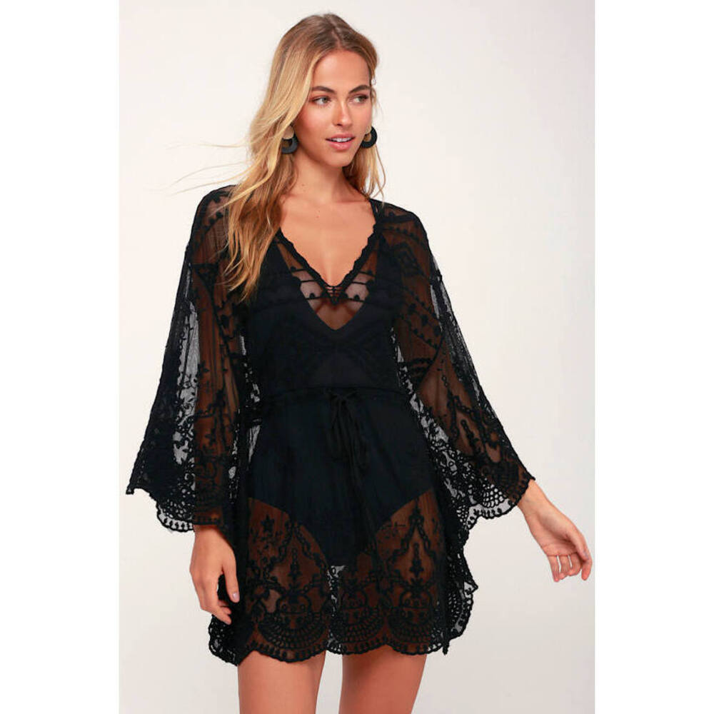 Lulus Desert Isle Black Crochet Lace Swim Cover-up - Size One Size
